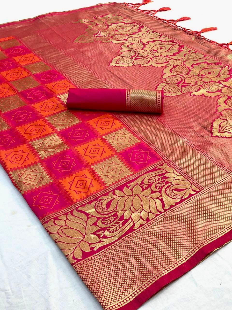 Snappy Pink Soft Banarasi Silk Saree With Gratifying Blouse Piece