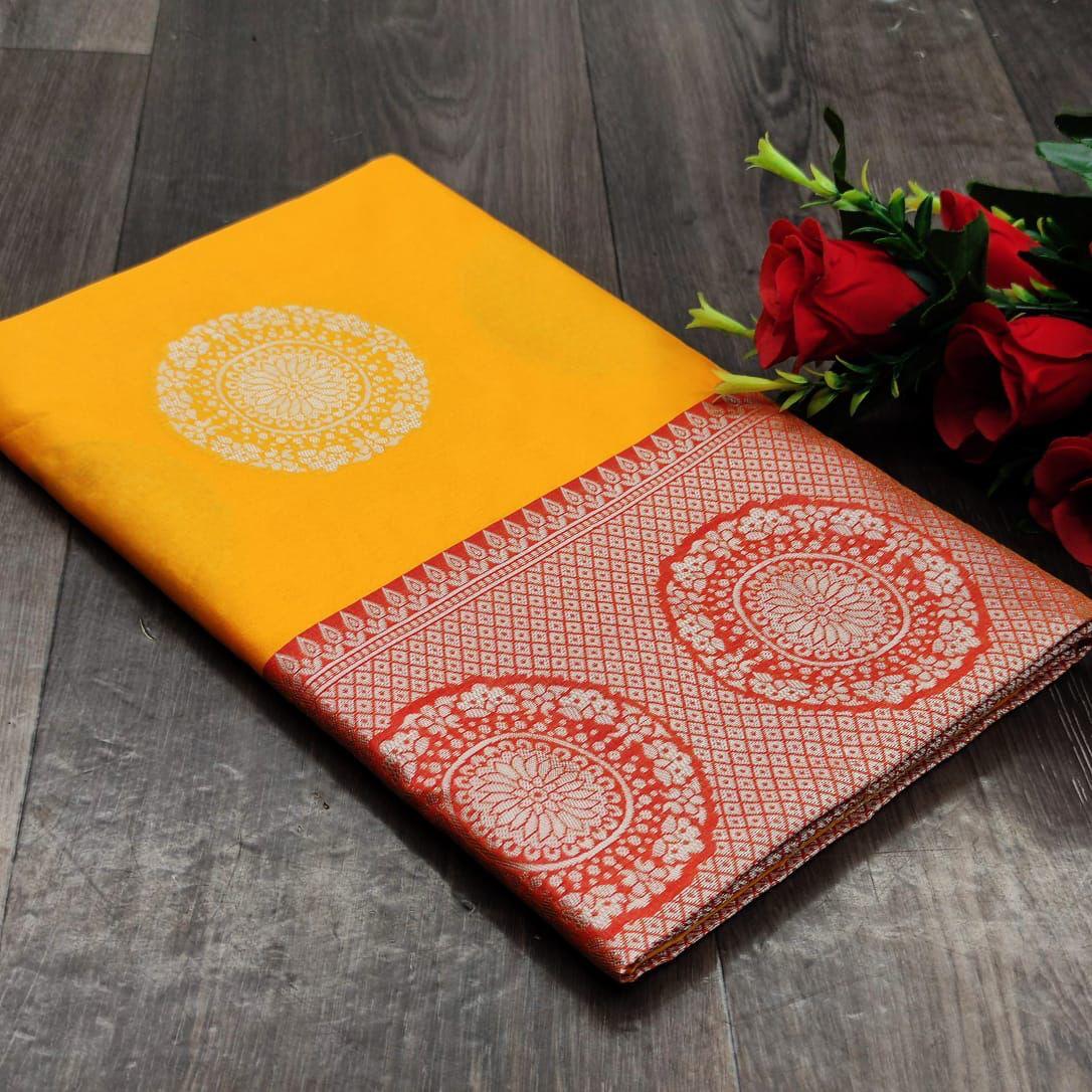 Improbable Yellow Soft Banarasi Silk Saree With Exuberant Blouse Piece