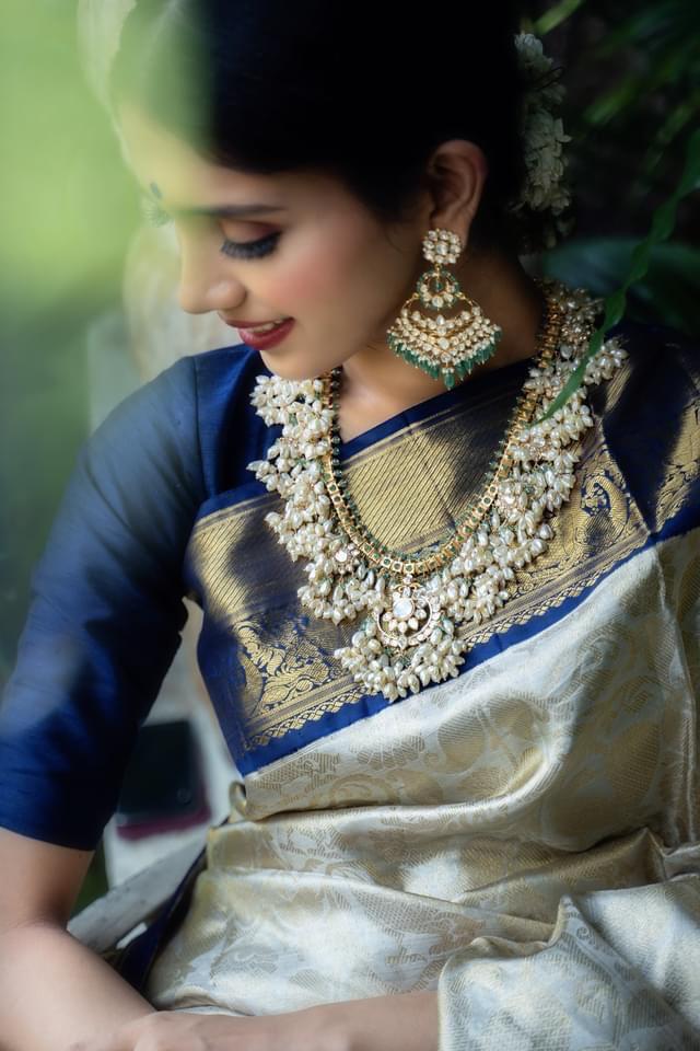 Marvellous Beige And Blue Soft Silk Saree With Outstanding Blouse Piece
