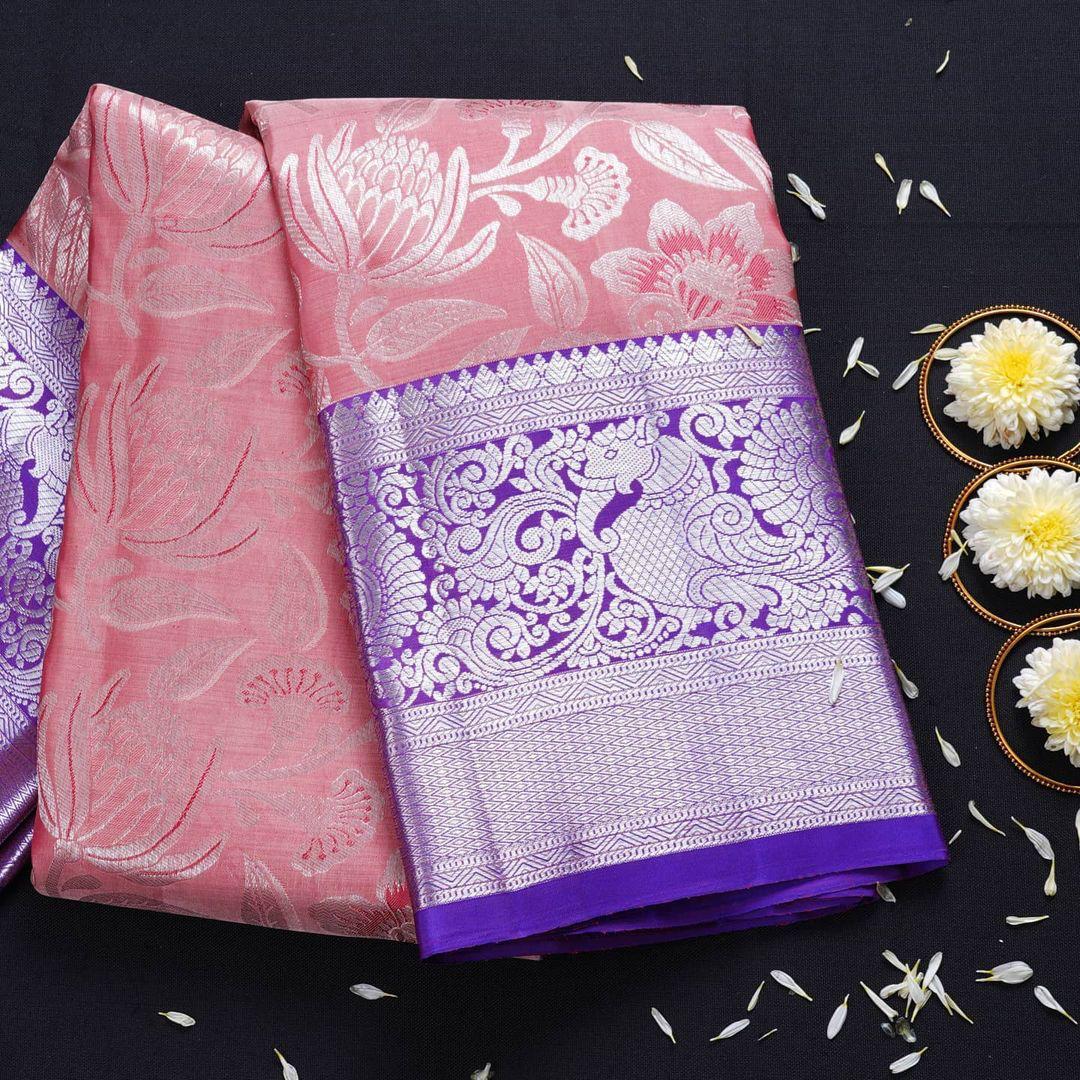 Gleaming Pink Soft Banarasi Silk Saree With Improbable Blouse Piece