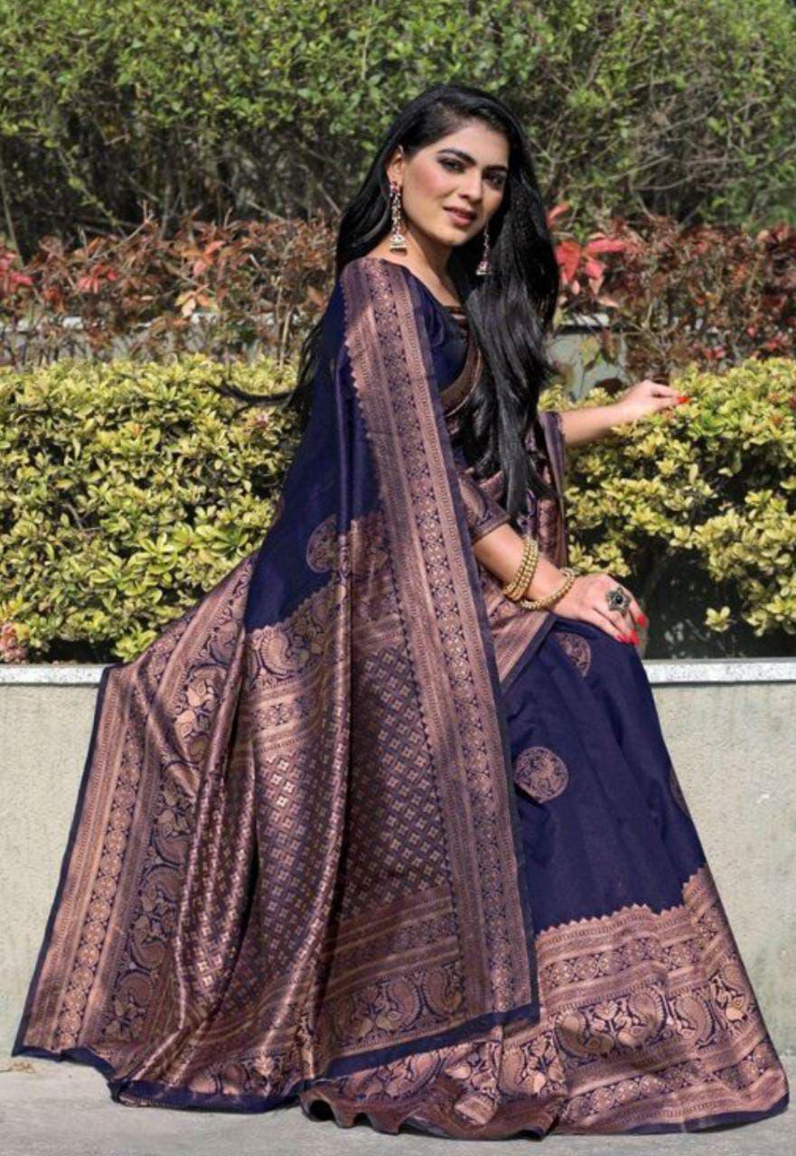 Gossamer Navy Blue Soft Silk Saree With Nemesis Blouse Piece