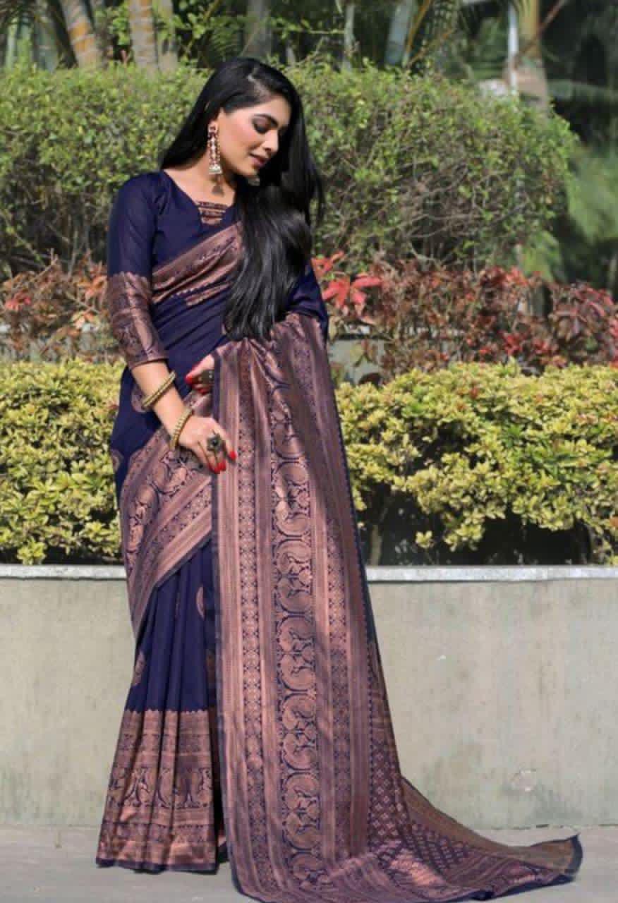 Gossamer Navy Blue Soft Silk Saree With Nemesis Blouse Piece