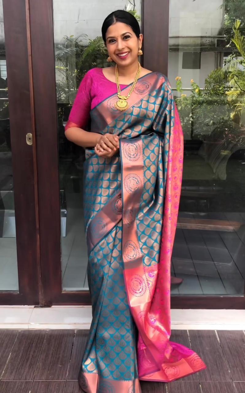 Elegant Rama Soft Banarasi Silk Saree With Gratifying Blouse Piece