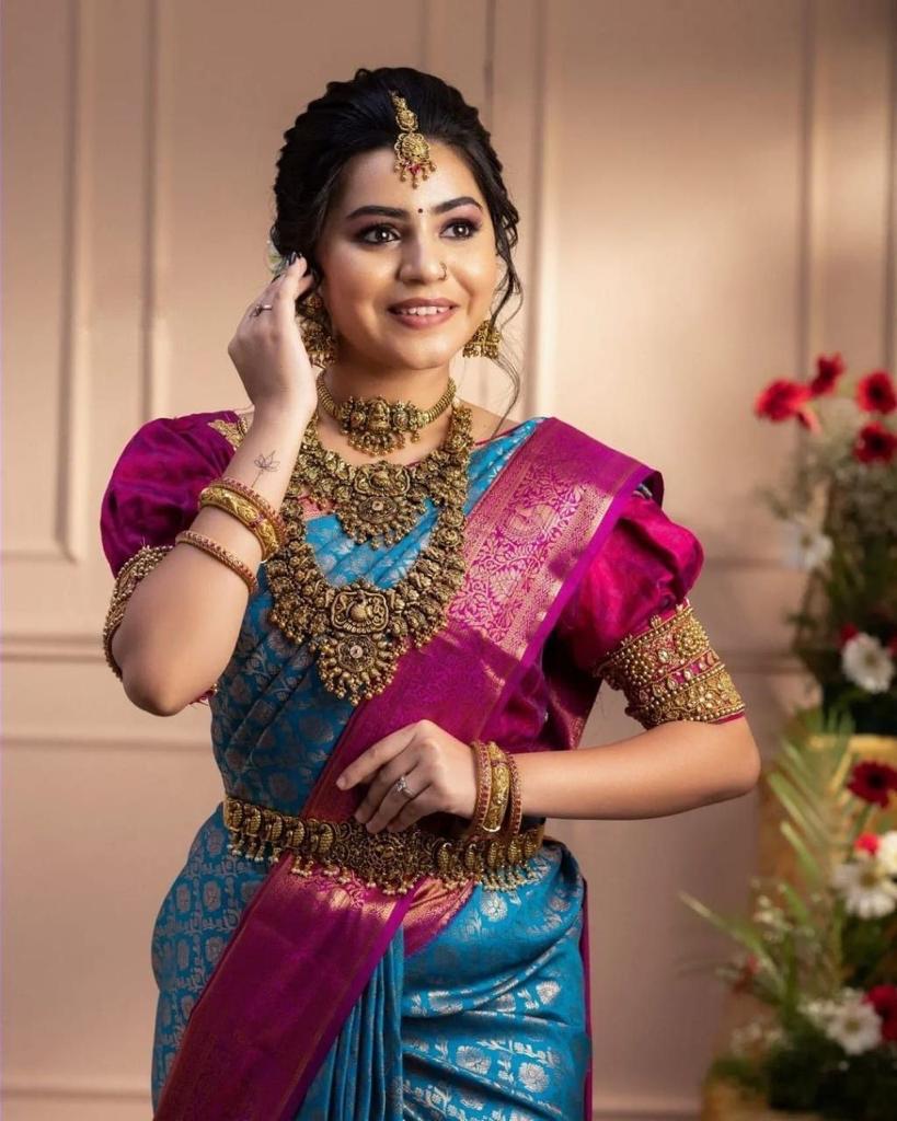 Designer Firozi Soft Banarasi Silk Saree With Imaginative Blouse Piece