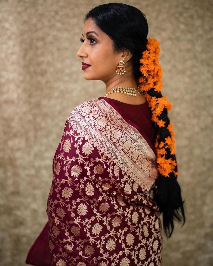 Fancifull Maroon Soft Banarasi Silk Saree With Gossamer Blouse Piece