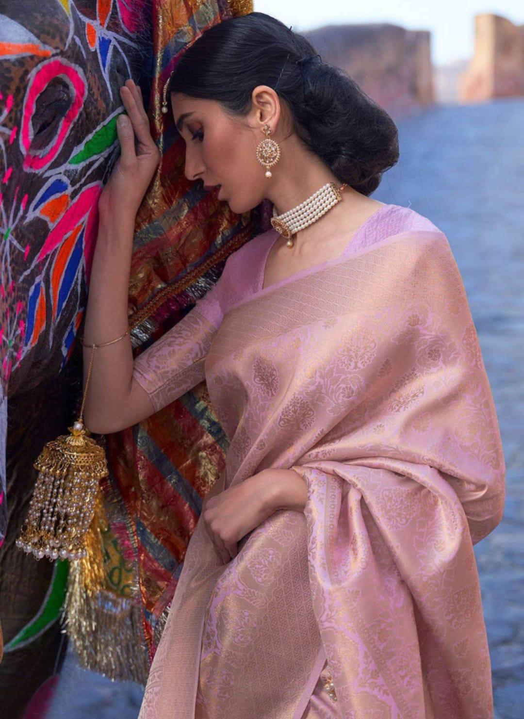 Improbable Pink Soft Banarasi Silk Saree With Exuberant Blouse Piece