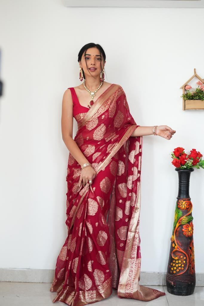 Dazzling 1-Minute Ready To Wear Red Cotton Silk Saree