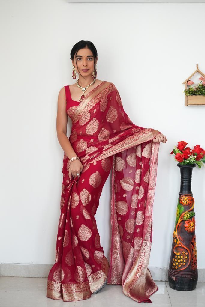 Dazzling 1-Minute Ready To Wear Red Cotton Silk Saree