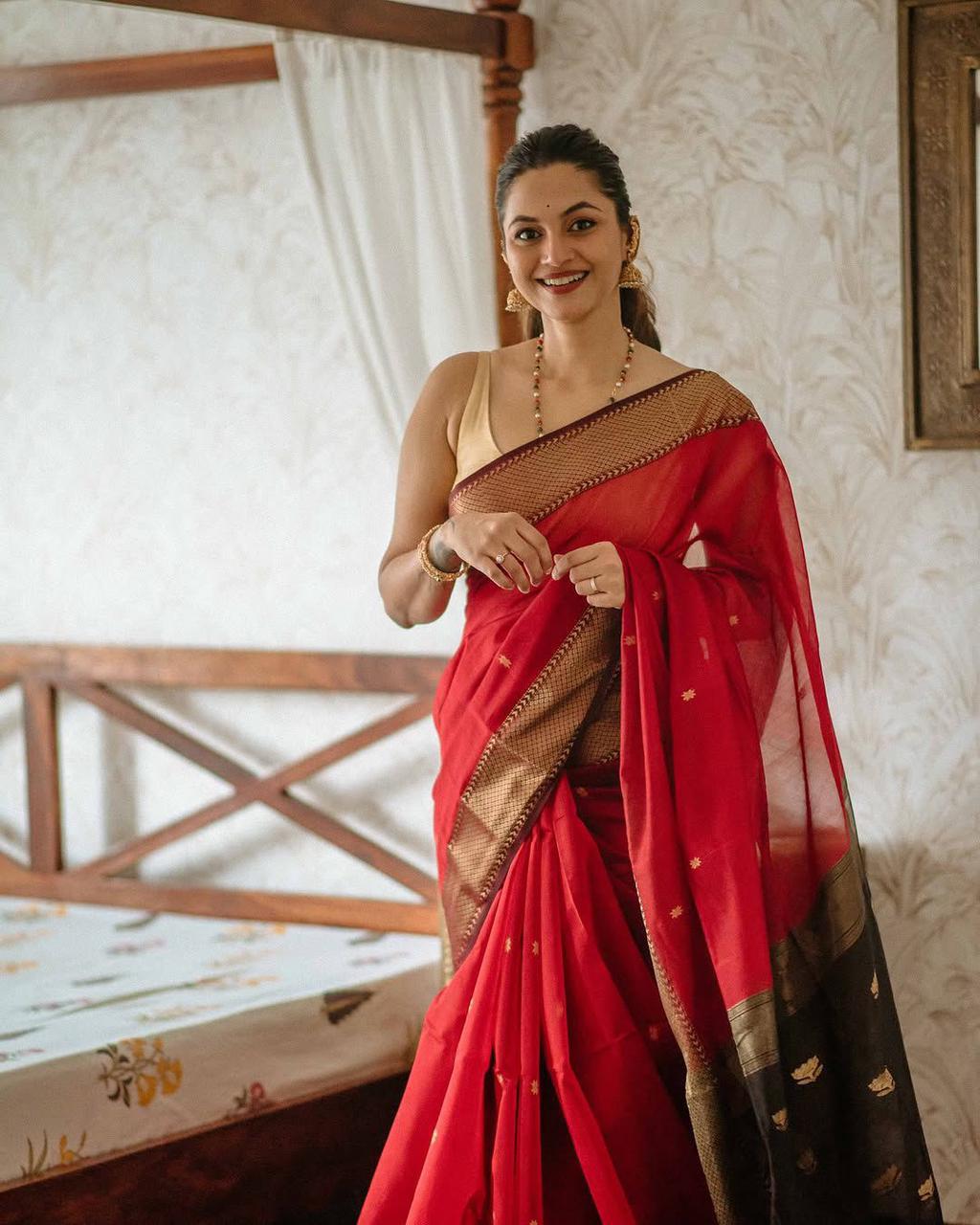 Supernal Red Cotton Silk Saree With Beleaguer Blouse Piece