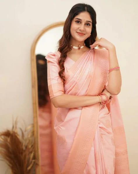 Exceptional Peach Soft Silk Saree With Desiring Blouse Piece