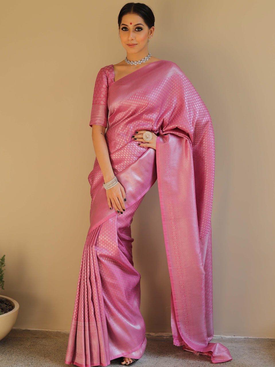Quintessential Pink Soft Silk Saree With Petrichor Blouse Piece