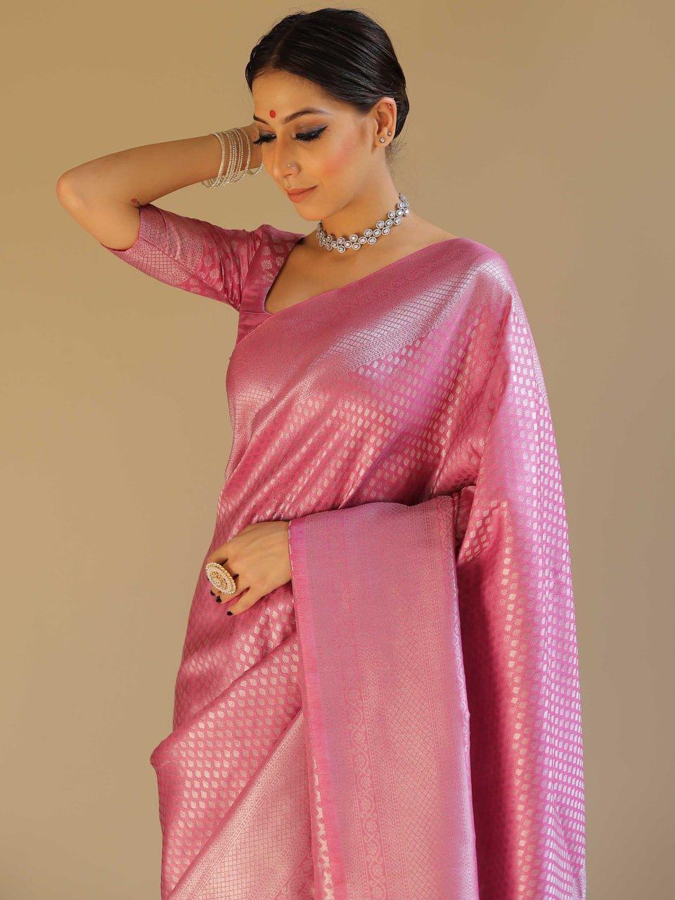 Quintessential Pink Soft Silk Saree With Petrichor Blouse Piece