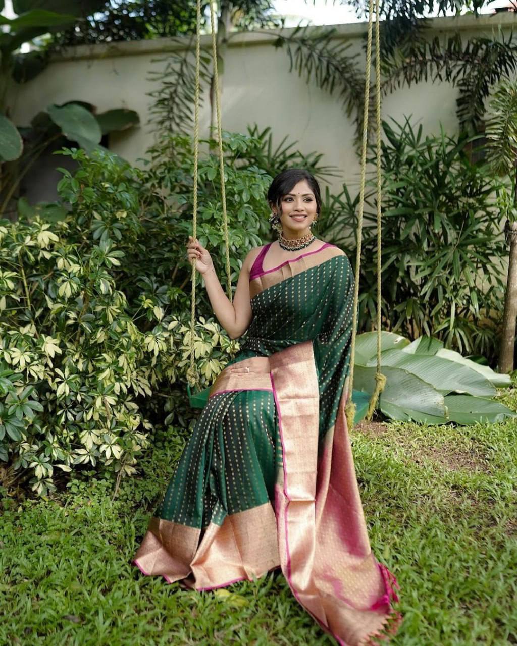 Precious Green Soft Silk Saree With Energetic Blouse Piece