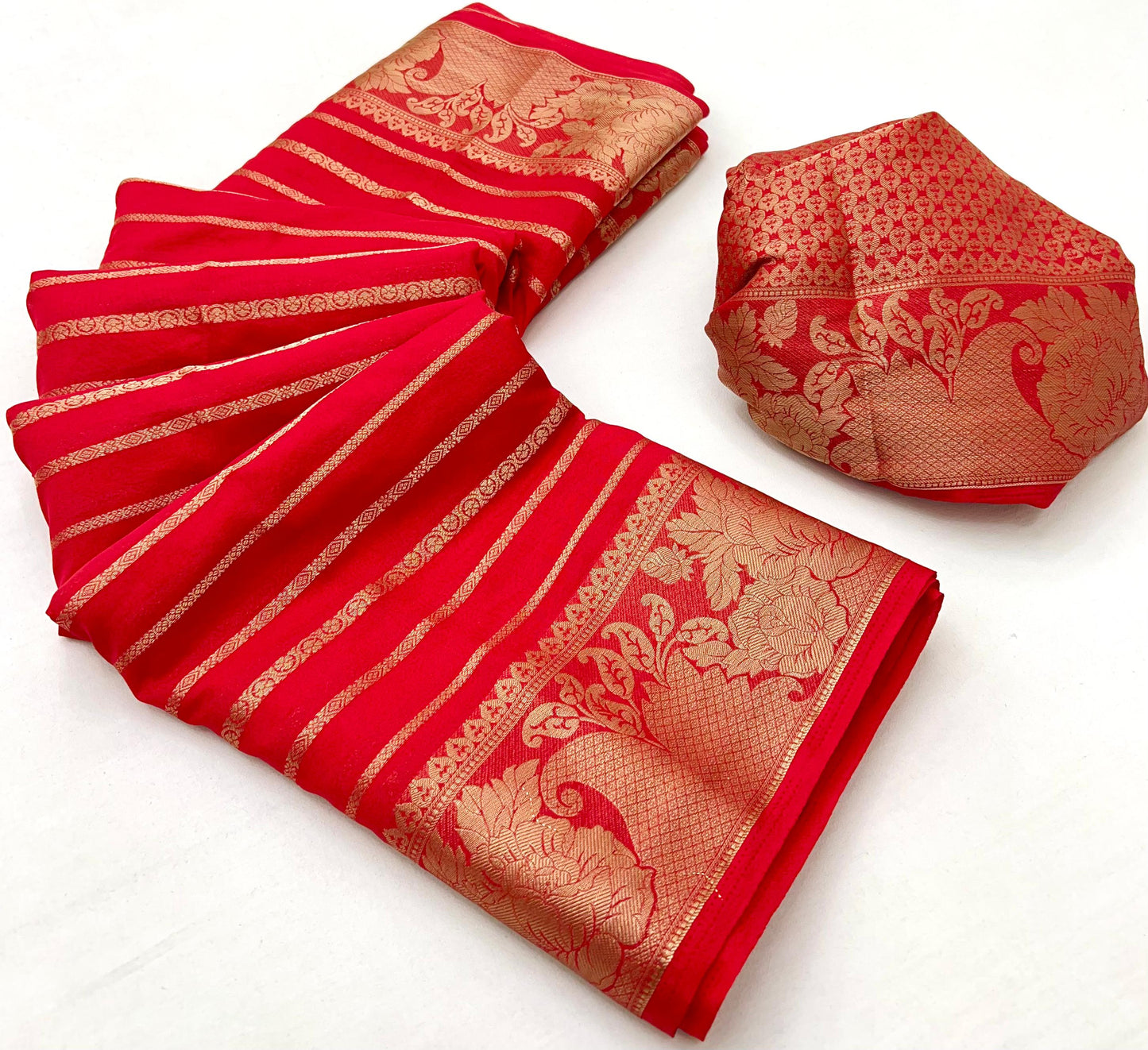 Beautiful Red Georgette Saree With Elision Blouse Piece