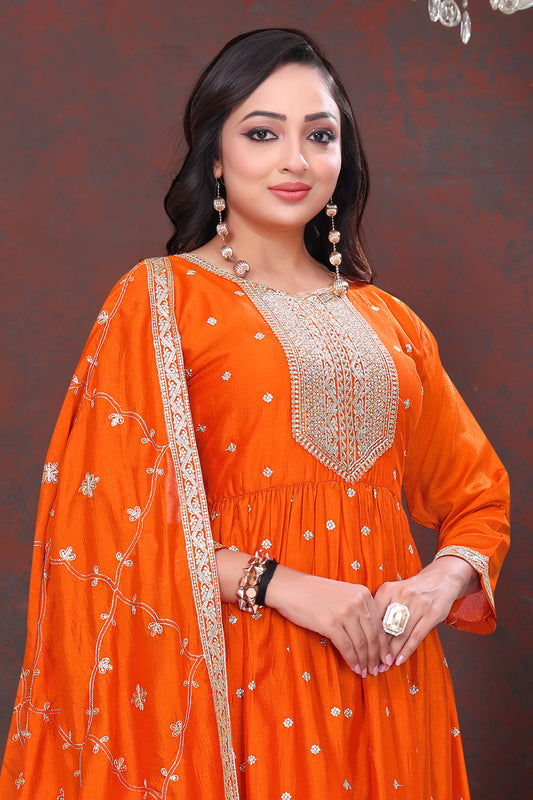 Dazzling Orange Embroidered Anarkali Suit Set with Dupatta