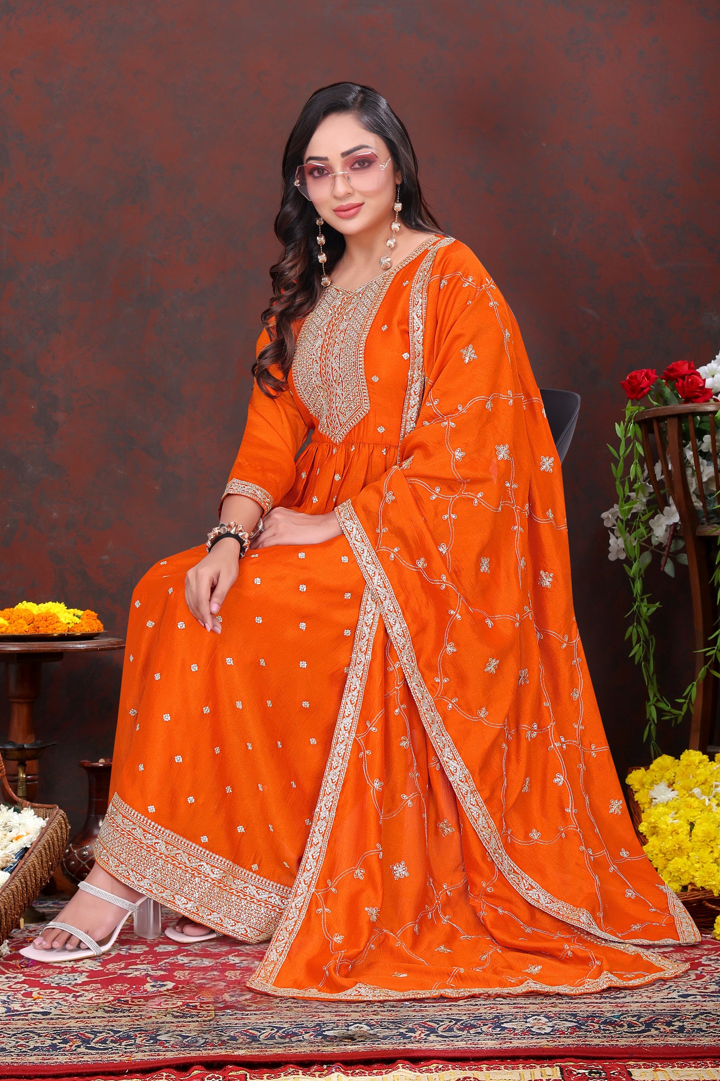 Dazzling Orange Embroidered Anarkali Suit Set with Dupatta