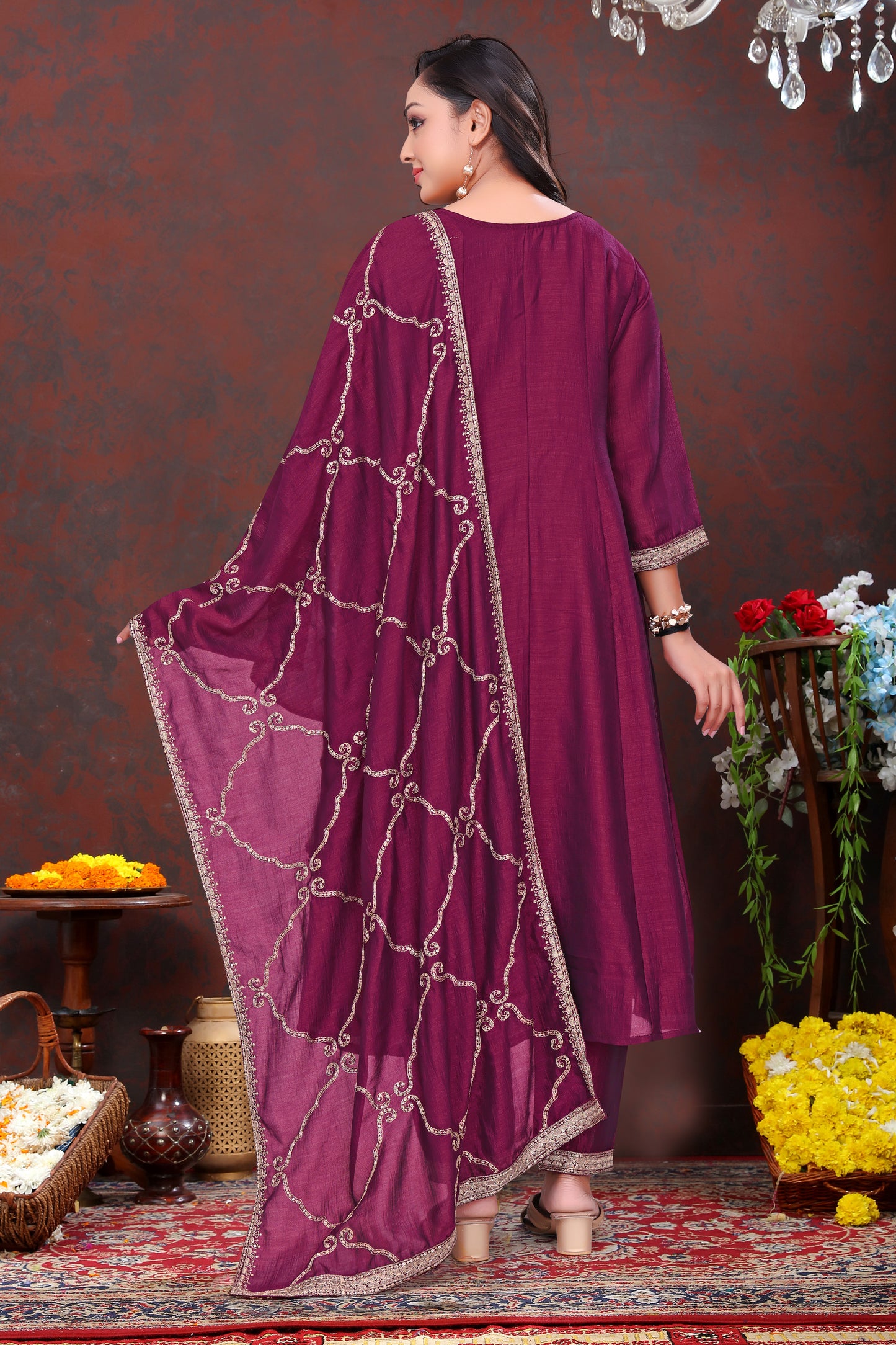 Exquisite Plum Purple Embroidered Suit Set with Dupatta