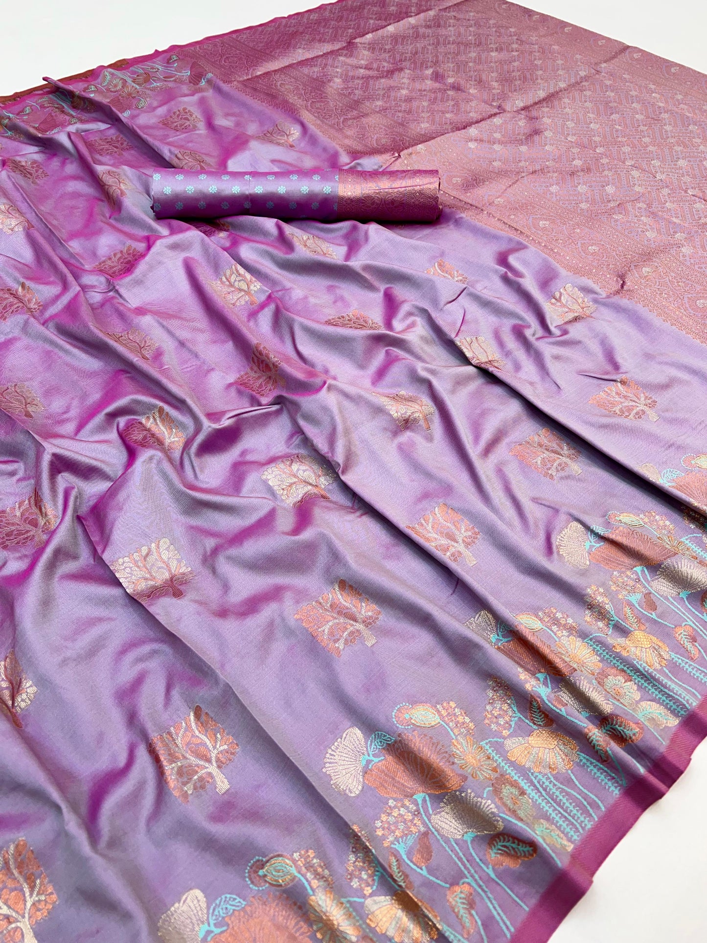 Moiety Lavender Soft Banarasi Silk Saree With Dazzling Blouse Piece