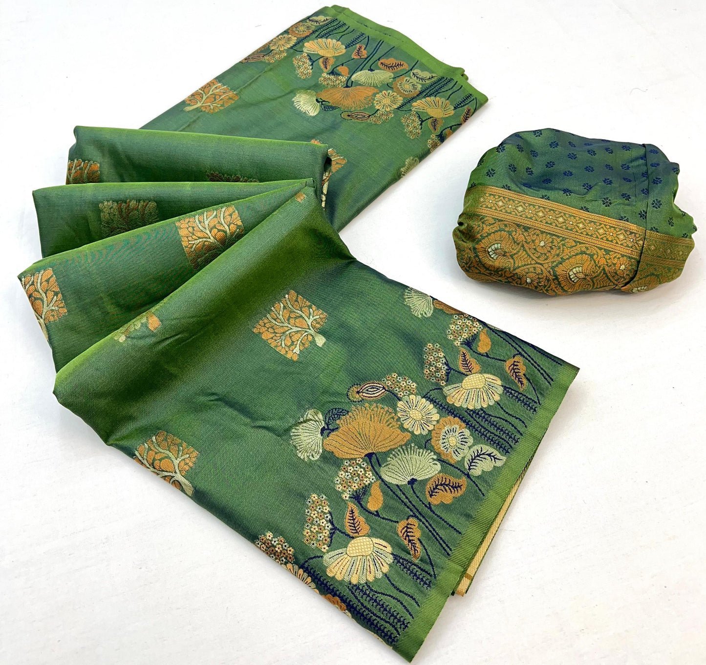 Outstanding Mehndi Soft Banarasi Silk Saree With Lissome Blouse Piece