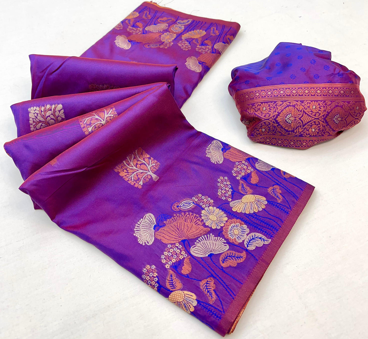 Flaunt Purple Soft Banarasi Silk Saree With Unique Blouse Piece