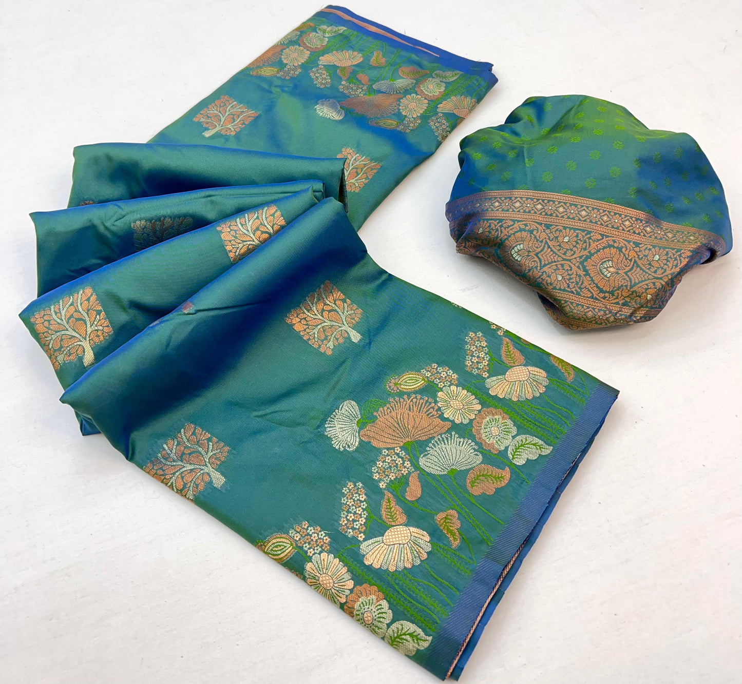 Lassitude Turquoise Soft Banarasi Silk Saree With Lissome Blouse Piece