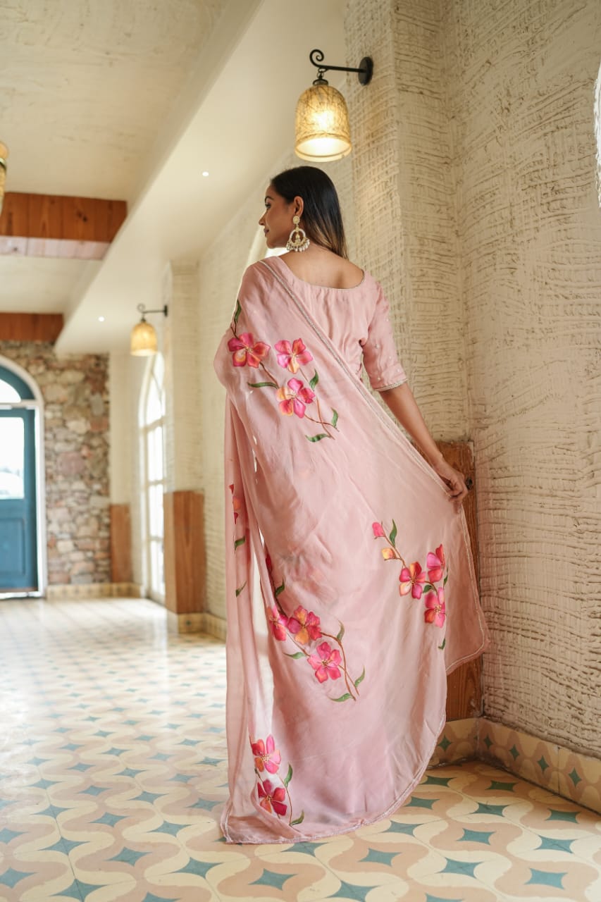 Moiety 1-Minute Ready To Wear Peach Georgette Silk Saree