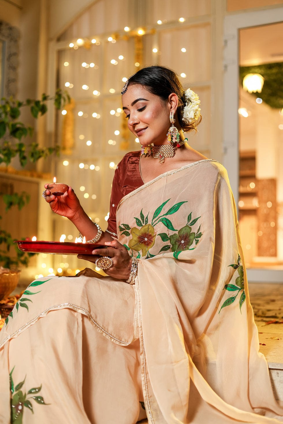 Ravishing 1-Minute Ready To Wear Beige Georgette Silk Saree