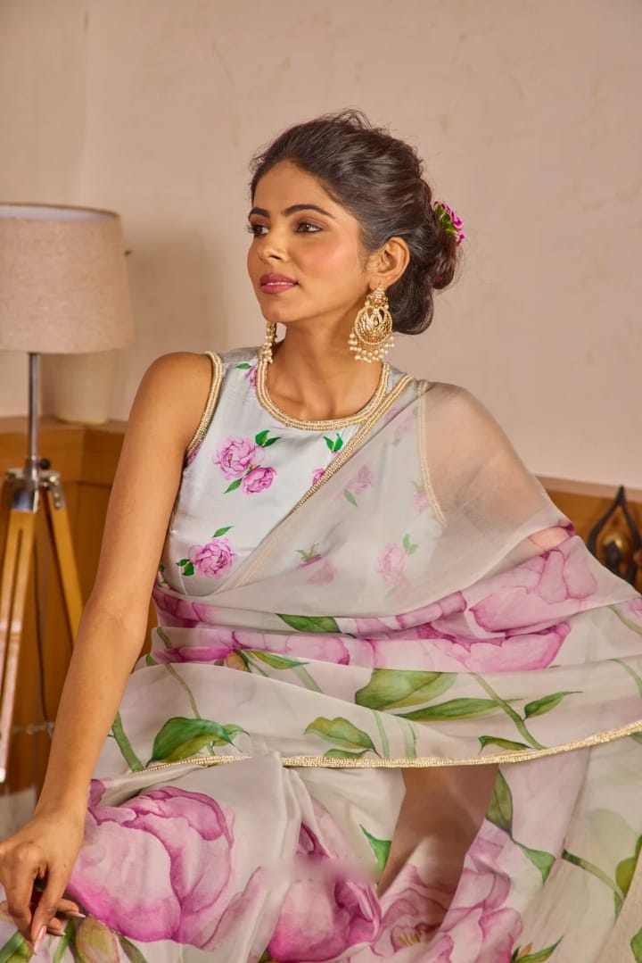 Glowing 1-Minute Ready To Wear Sky Organza Silk Saree