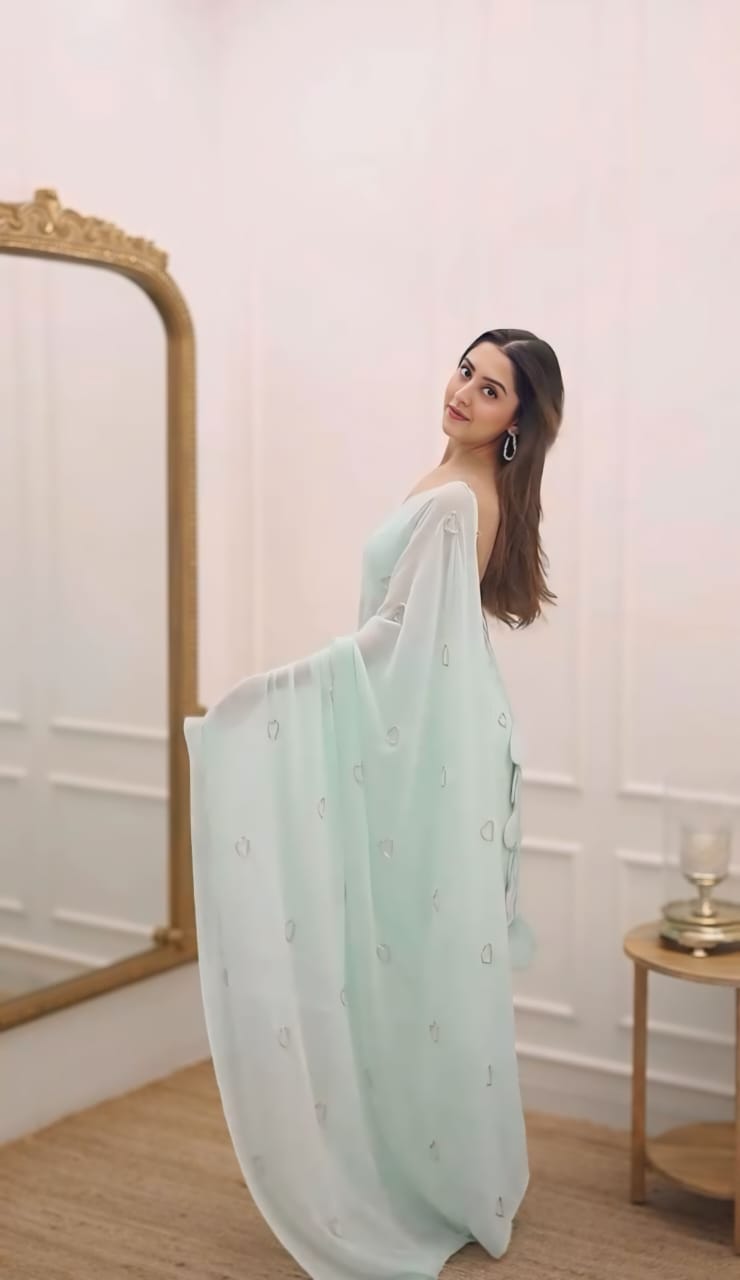A Glam 1-Minute Ready To Wear Turquoise Georgette Saree