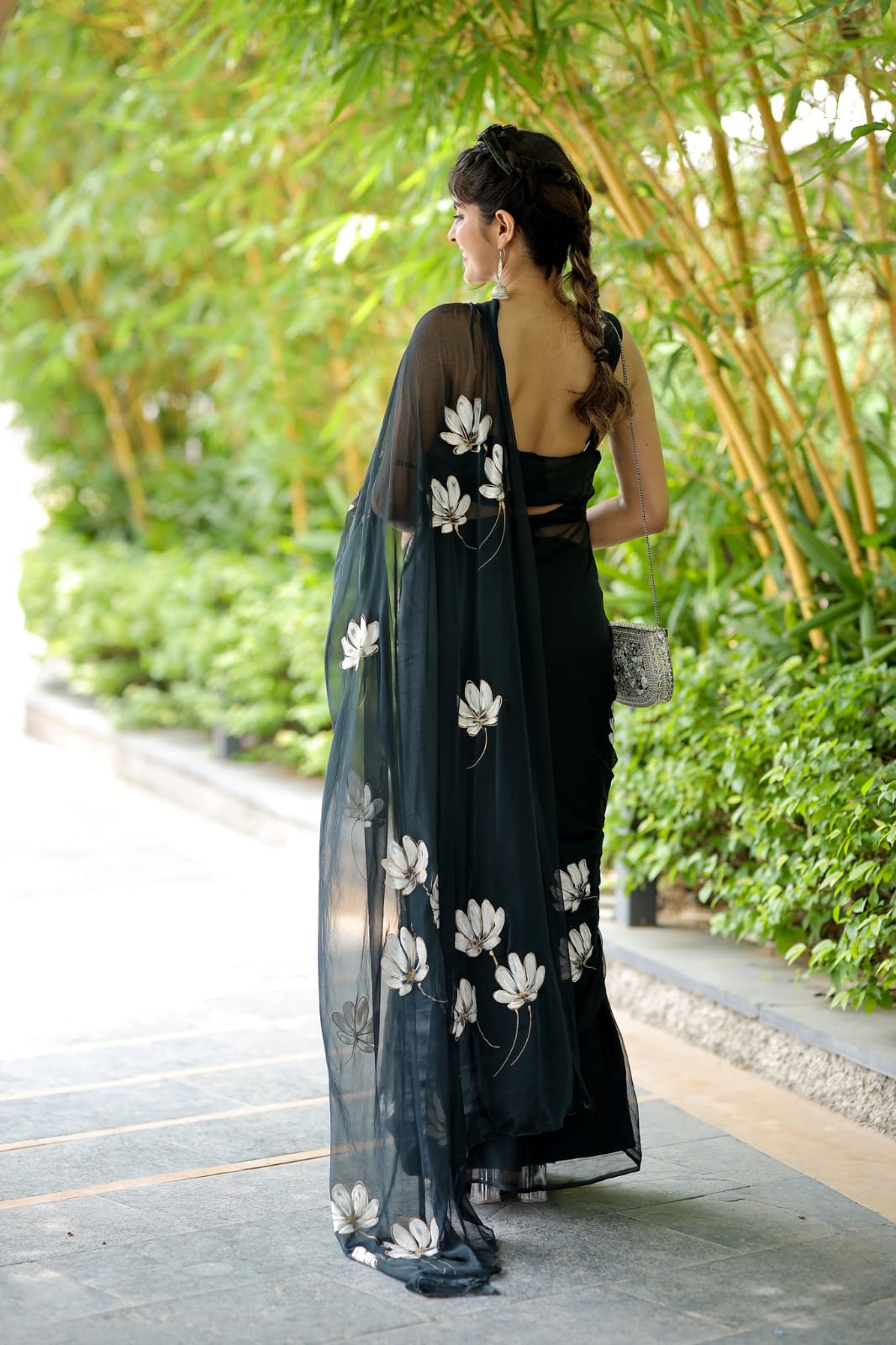 Tempting 1-Minute Ready To Wear Black Georgette Saree