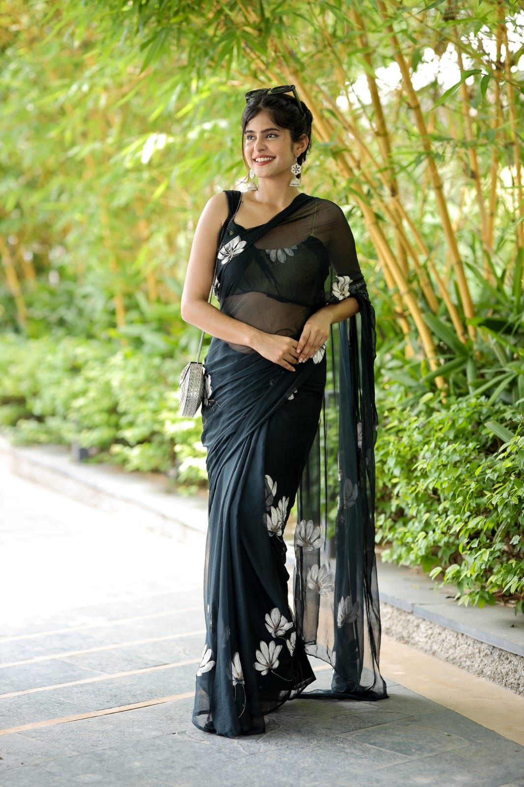 Tempting 1-Minute Ready To Wear Black Georgette Saree