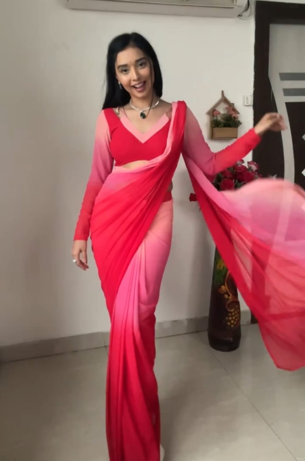 Trendy Stunning 1-Minute Ready To Wear Pink And Red Georgette Saree