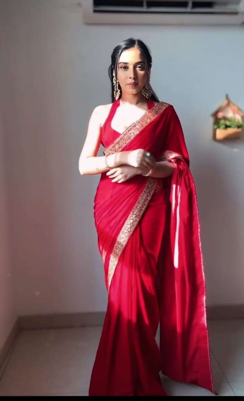 Winsome Red 1 Minute Ready To Wear Velvet Saree With Blouse Piece