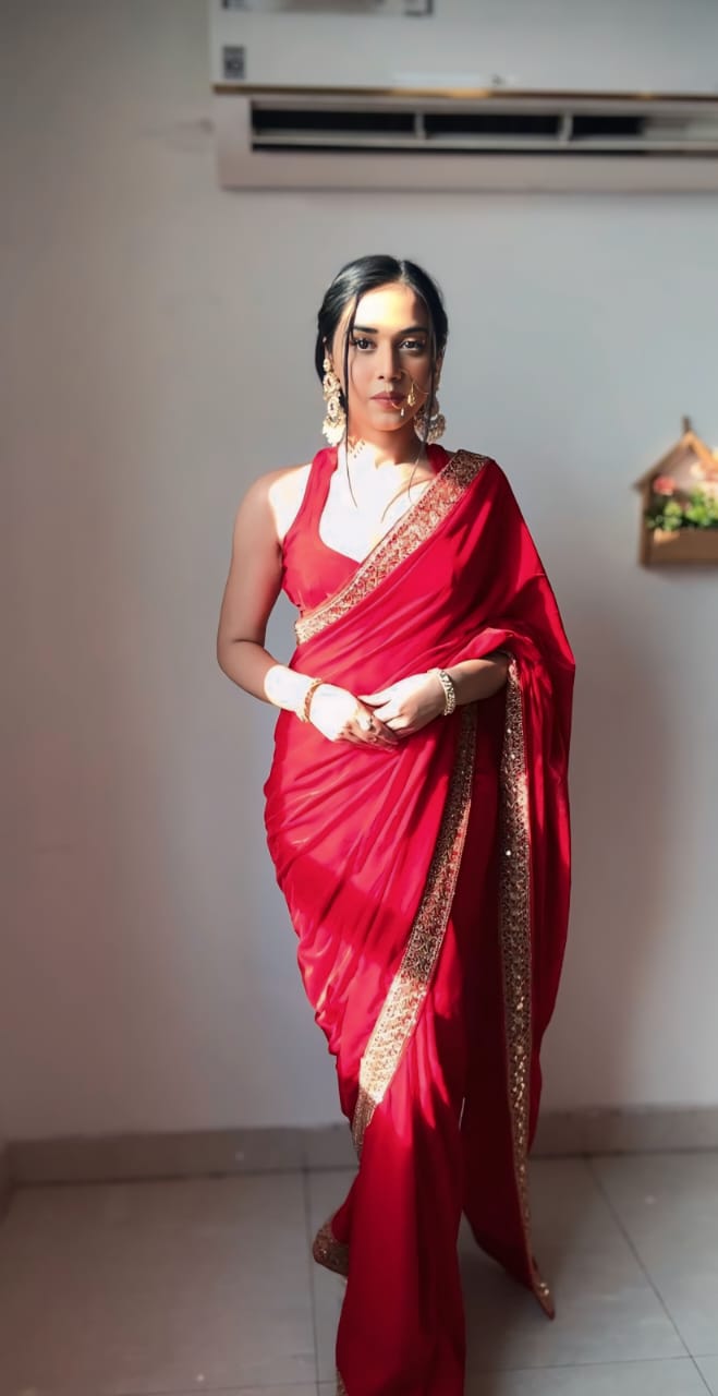 Winsome Red 1 Minute Ready To Wear Velvet Saree With Blouse Piece