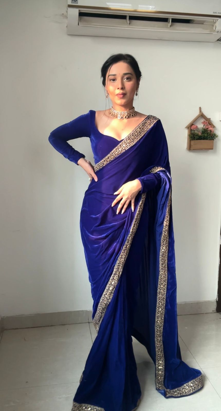 Whimsical Royal Blue 1 Minute Ready To Wear Velvet Saree With Blouse Piece