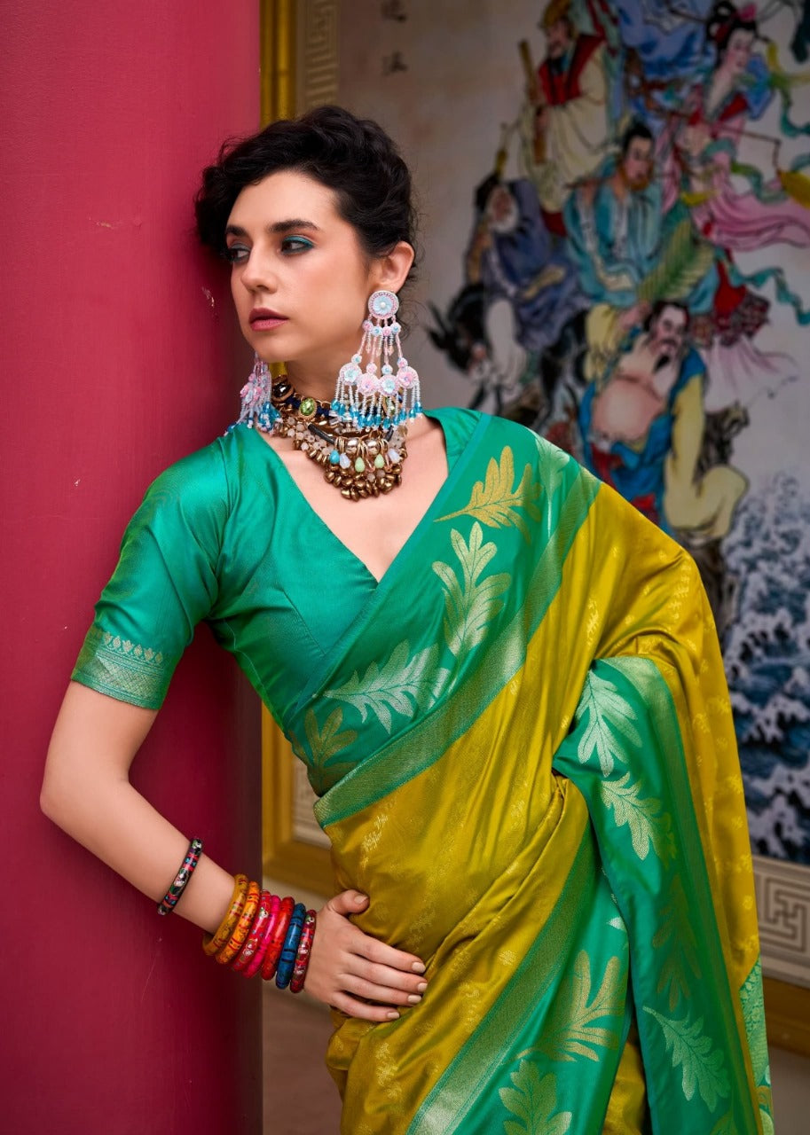 Majesty Yellow Soft Banarasi Silk Saree With Angelic Blouse Piece