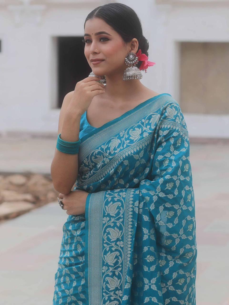 Unique Firozi Soft Banarasi Silk Saree With Awesome Blouse Piece