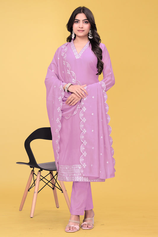 Women’s Lavender Roman Kurta Pant Set with Embroidered Dupatta