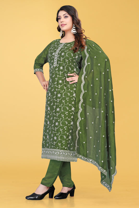 Elegant Olive Green Embroidered Salwar Suit Set