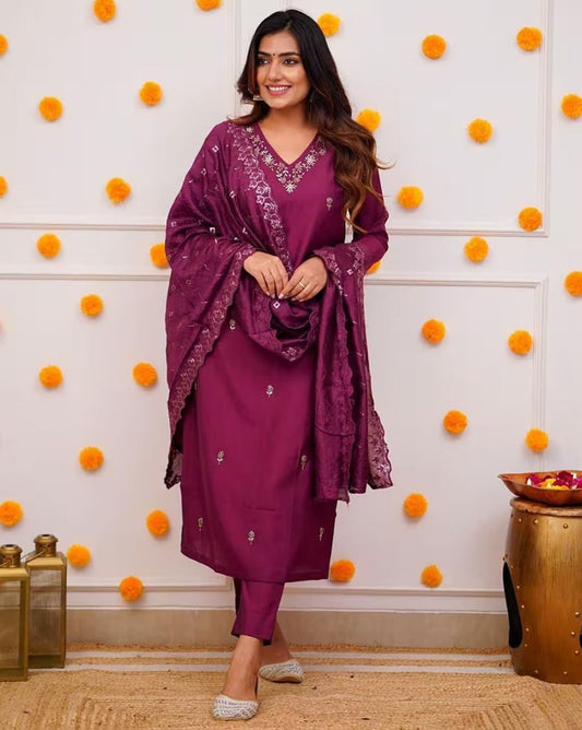 Plum Embroidered Kurta Set with Lace Dupatta
