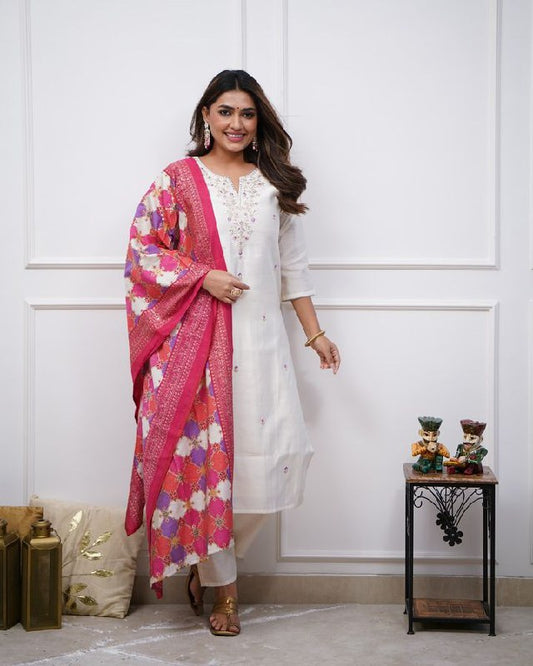 Elegant White Embroidered Kurta Set with Pink Printed Dupatta