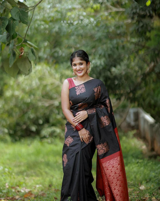 Outstanding Black Soft Banarasi Silk Saree With Lovely Blouse Piece
