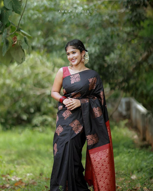 Outstanding Black Soft Banarasi Silk Saree With Lovely Blouse Piece