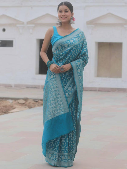 Unique Firozi Soft Banarasi Silk Saree With Awesome Blouse Piece