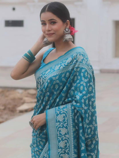 Unique Firozi Soft Banarasi Silk Saree With Awesome Blouse Piece