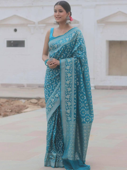 Unique Firozi Soft Banarasi Silk Saree With Awesome Blouse Piece
