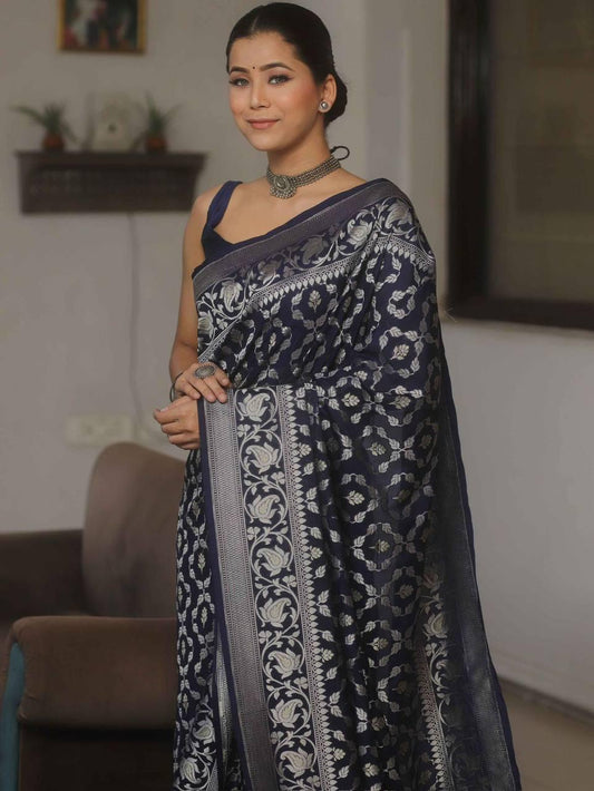 Seraglio Navy Blue Banarasi Silk Saree With Pleasurable Blouse Piece