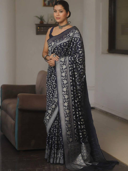 Seraglio Navy Blue Banarasi Silk Saree With Pleasurable Blouse Piece