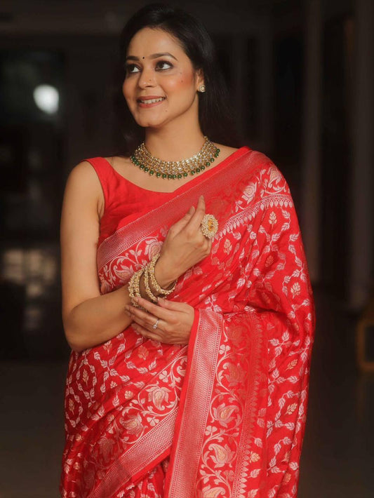 Flaunt Red Soft Banarasi Silk Saree Gleaming Blouse Piece