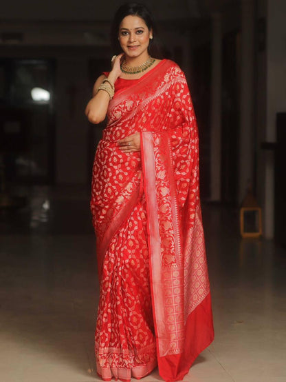 Flaunt Red Soft Banarasi Silk Saree Gleaming Blouse Piece
